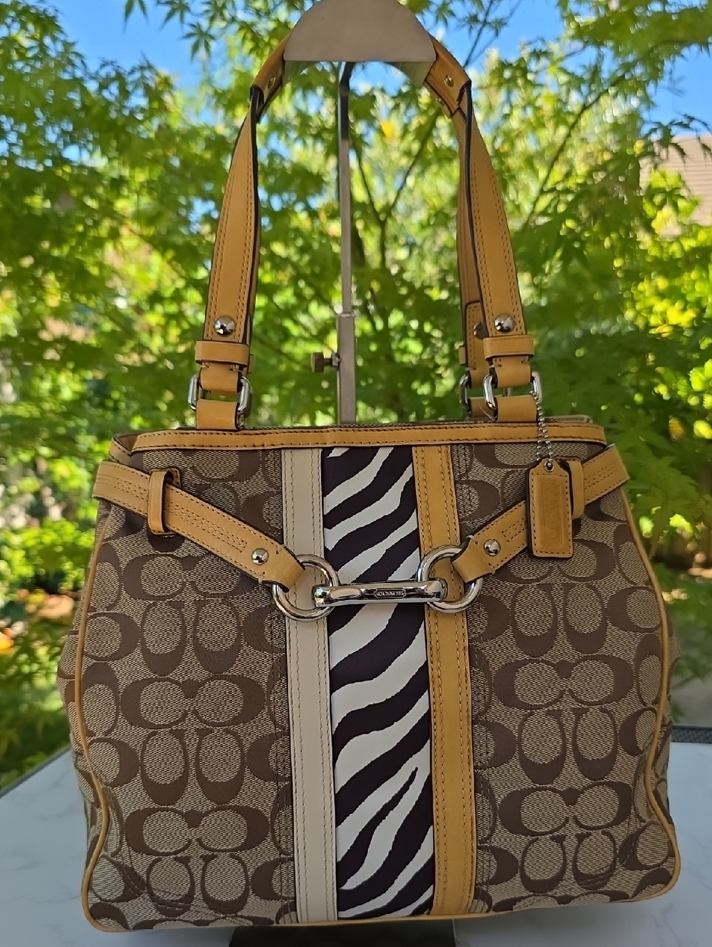 Coach Y2K Nancy Brown Signature Canvas Leather Shoulder Tote Bag Zebra Stripe - Picture 3 of 16